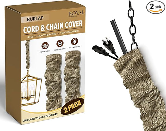 Royal Designs, Inc. Cord & Chain Cover 4 ft Silk Type Fabric, Chandelier Pendant Lighting Chain & Cable Management, Touch Fastener, Burlap - 2 Pack