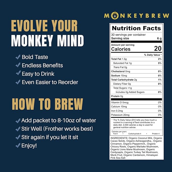 Monkey Brew Original - USDA Organic Mushroom Tea Drink - Non-Caffeinated Mushroom Coffee Alternative with Cacao Powder, Lion's Mane, Turkey Tail, Ashwagandha, Turmeric - Boosts Energy Focus & Immunity