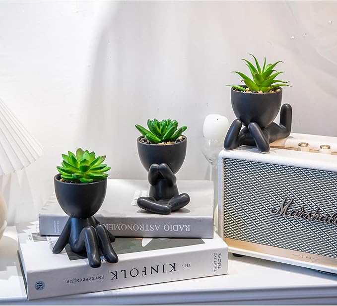 3PCS Human-Shaped Potted Artificial Plants Office Decor for Women and Men, Small Fake Plants Decor for Bedroom and Bathroom, Cute Faux Succulent Desk Decor for Office and Home, Black