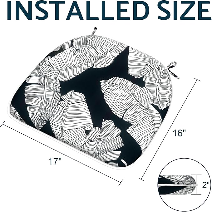 Indoor/Outdoor Chair Cushions 16x17 Inch, Patio Chair Cushions with Ties, All Weather Seat Cushions for Patio Furniture Home Garden Chair Use, Set of 4, Black Lush Leaves