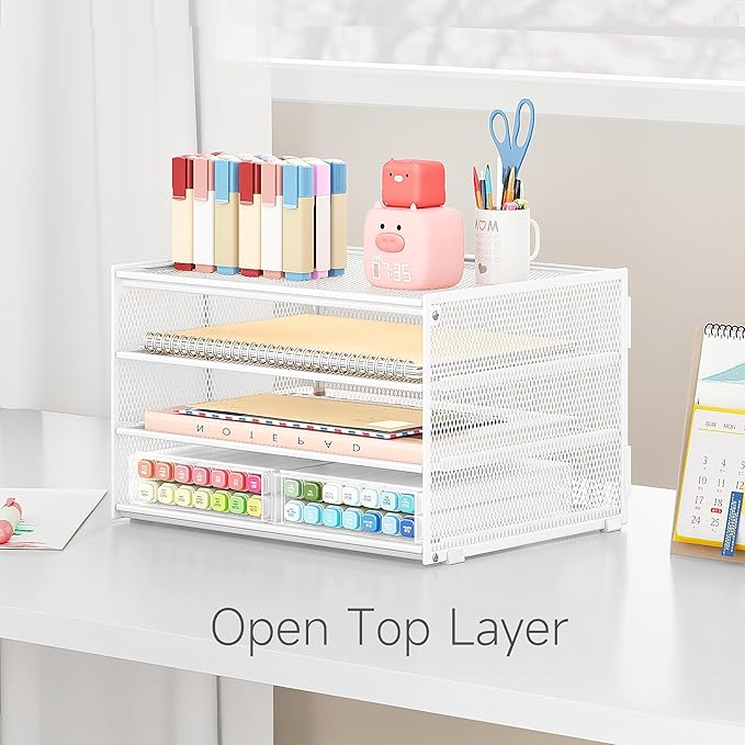 Lavatino 3-Tier Letter Tray Desk Paper Organizer – White Mesh Metal File Tray Organizer for Desk, Office Supplies & Home Organization | Fits A4/Letter Paper, Mail, Magazines and Office Accessories