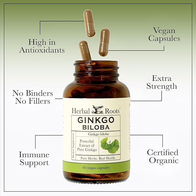 Herbal Roots Brain Health Duo, Organic Mushrooms and Organic Ginkgo Biloba, Powerful Boost for Brain Health, Non-GMO