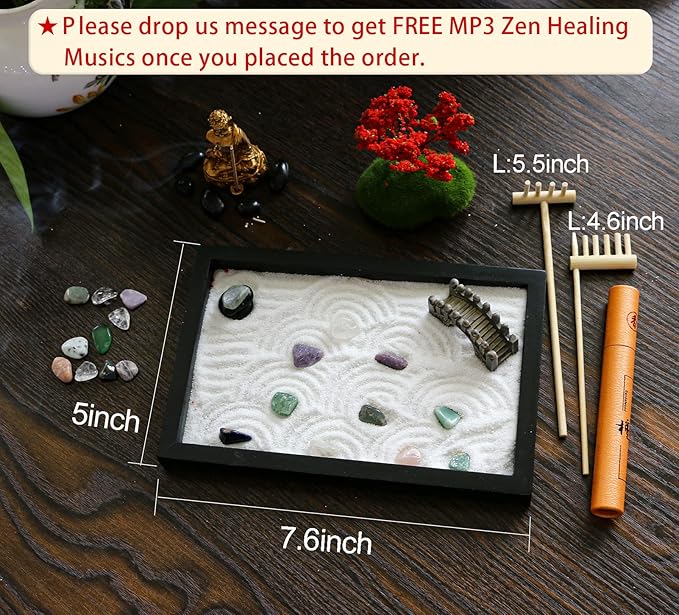 Mini Meditation Zen Garden Kit - Japanese Tabletop Rock Sand Chakra Buddha Garden Home Office Desk Decor Gifts for Father Mother Birthday - Sandbox w/Rake Tool Accessories
