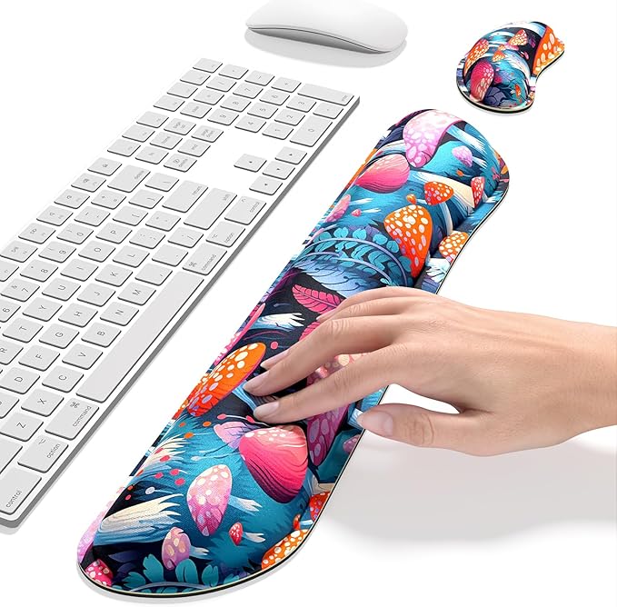 Dapesuom Enlarge Keyboard Wrist Rest, Memory Foam Wrist Cushion for Desk Mats Support, Boho Typing Pain Relief Keyboard Mouse Pad Rests Set with Non-Slip Base for Gaming Laptop Computer, Mushrooms