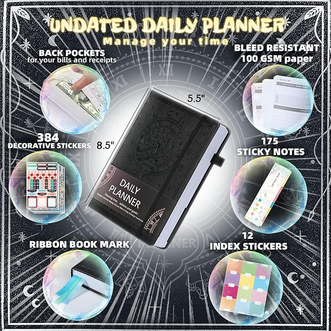 2025 Undated Academic Planner Hardcover (5.5x8.5") - Flexible Weekly & Monthly Organizer with Stickers, Productivity Journal for Students & Professionals(Black)