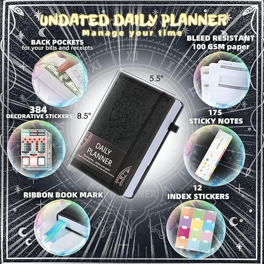 2025 Undated Academic Planner Hardcover (5.5x8.5") - Flexible Weekly & Monthly Organizer with Stickers, Productivity Journal for Students & Professionals(Black)