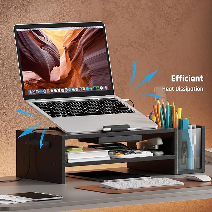 Adjustable Wood Laptop Stand, Ergonomic Height & Angle Stand with Pen Holder – Compatible with MacBook Air/Pro, Dell, HP, Lenovo & 10-17.3" Laptops – Black