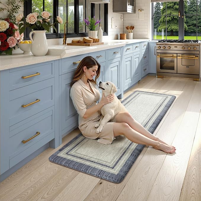 KIMODE Anti Fatigue Kitchen Mats for Floor, Farmhouse Rugs for Kitchen Floor, Cushioned Kitchen Floor Mat Non Slip, Comfort Memory Foam Standing Mat for Laundry Office Sink Desk Blue 24"x59"