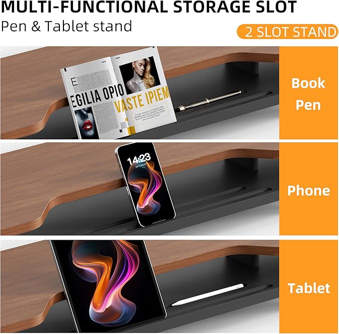 2 Tier Dual Monitor Stand Riser,Wider Board Computer Monitor Stand for 2 Monitors,Slot For Phone/Tablet Office Desktop Organizer for Laptop,PC,Computer,Printer,Walnut Finish