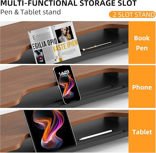 2 Tier Dual Monitor Stand Riser,Wider Board Computer Monitor Stand for 2 Monitors,Slot For Phone/Tablet Office Desktop Organizer for Laptop,PC,Computer,Printer,Walnut Finish