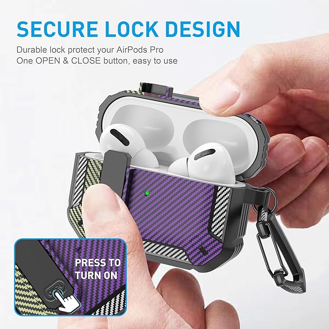 Maxjoy for AirPods Pro Case Cover with Lock, AirPods Pro 1st Generation Case for Men Military Rugged Protective Cover with Keychain Compatible with Apple AirPod Pros 2019 Front LED,Carbon Fiber Purple