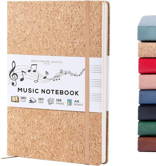 BEECHMORE BOOKS Blank Sheet Music Notebook – A4 8.5x11.5 for Songwriters, Musicians & Composers, 156 Thick 120gsm Pages, 10-Staff Perforated Sheets, Vegan Leather Hardcover, Elastic Closure, Gift Box