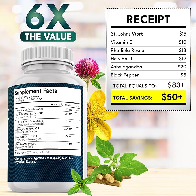 NEW AGE St Johns Wort, Rhodiola Rosea, Holy Basil, Ashwagandha - Support for Women and Men with Vitamin C & Black Pepper Extract - 180 Count