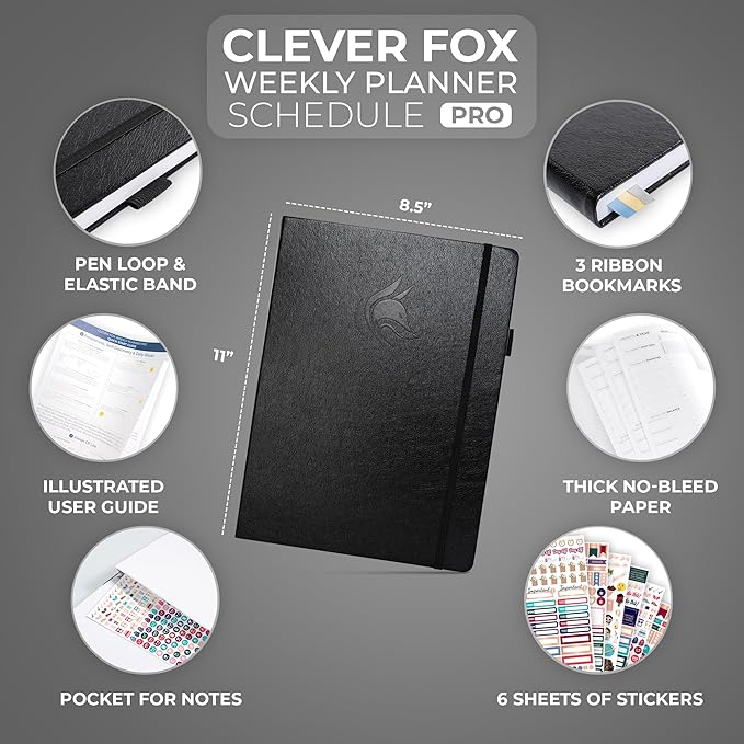 Clever Fox Planner PRO Schedule – Undated Weekly & Monthly Life Planner with Time Slots, Appointment Book & Daily Organizer, A4 (Black)