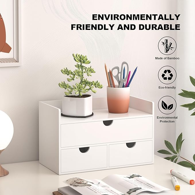 Bamboo Desk Organizer with Drawers Desktop Storage Drawers for Bills Office Supplies Kitchen Utensils Organizing Tool for Home Classroom Organization No Assembly (White with Shelf)