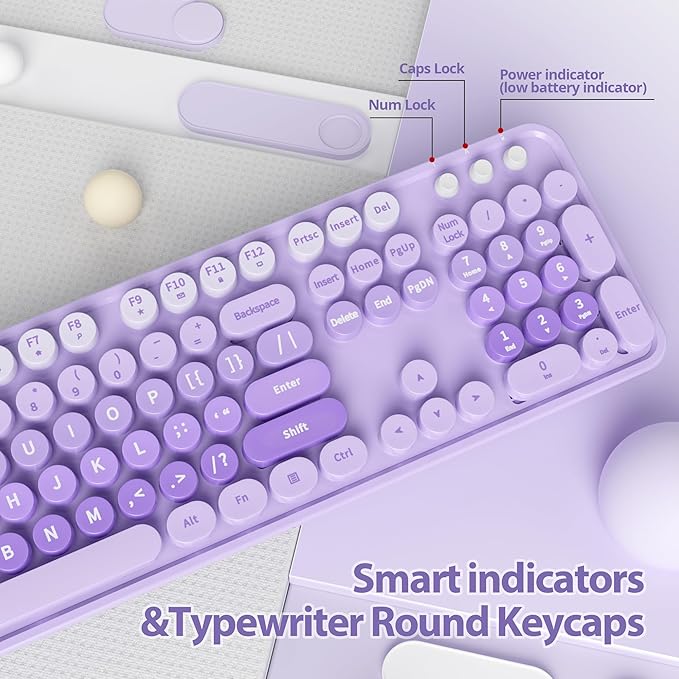 Fogruaden Purple Retro Typewriter Keyboard and Mouse Wireless, 2.4GHz Office Full-Sized Colorful Computer Keyboard with Number Pad and Cute Mouse for Windows PC Desktops Laptop