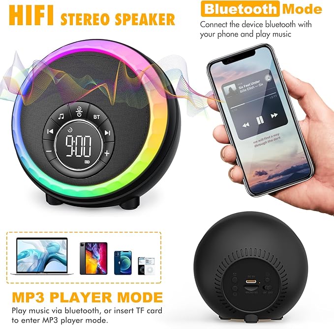 White Noise Sound Machine for Sleep, 30 Soothing Sounds, 8 RGB Dimmable Night Lights, Portable Bluetooth Speaker Alarm Clock for Bedrooms, Heavy Sleepers, Ideal Gift for Baby, Kids, Teenagers, Adults