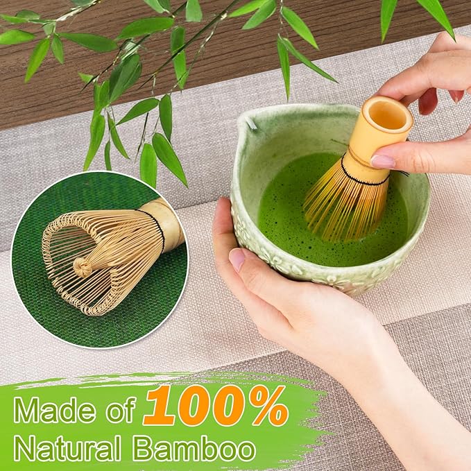 Matcha Whisk Set, Matcha Set 7 Pcs, Ceramic Matcha Bowl with Spout, Bamboo Chasen Whisk & Holder, Scoop, Sifter, Tea Towel, Ideal Gift Christmas, Birthday(Mottled Green)