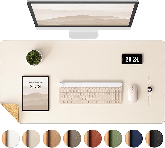 Aothia Dual-Sided Desk Mat - Natural Cork & Leather Desk Protector, Large Mouse Pad & Writing Pad for Office/Home, Beige (37.8"x17")