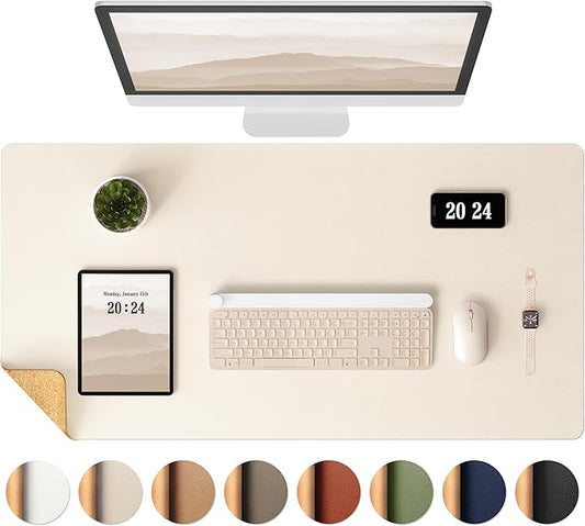 Aothia Dual-Sided Desk Mat - Natural Cork & Leather Desk Protector, Large Mouse Pad & Writing Pad for Office/Home, Beige (37.8"x17")