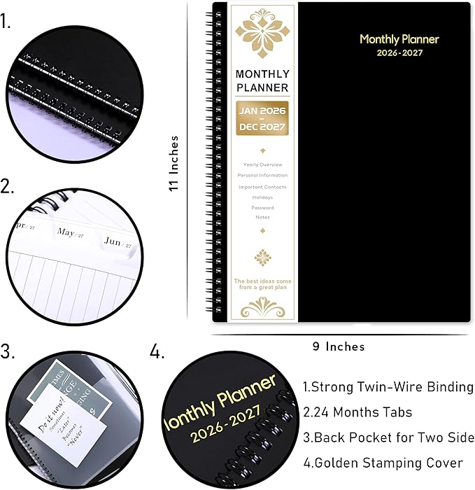 2026-2027 Monthly Planner/Calendar - 2 Year Monthly Planner 2026-2027, Jan.2026 - Dec.2027, 9" x 11", 2 Years Calendar 26-27 with Tabs,+Contacts + Back Pocket + Twin-wire Binding - Black