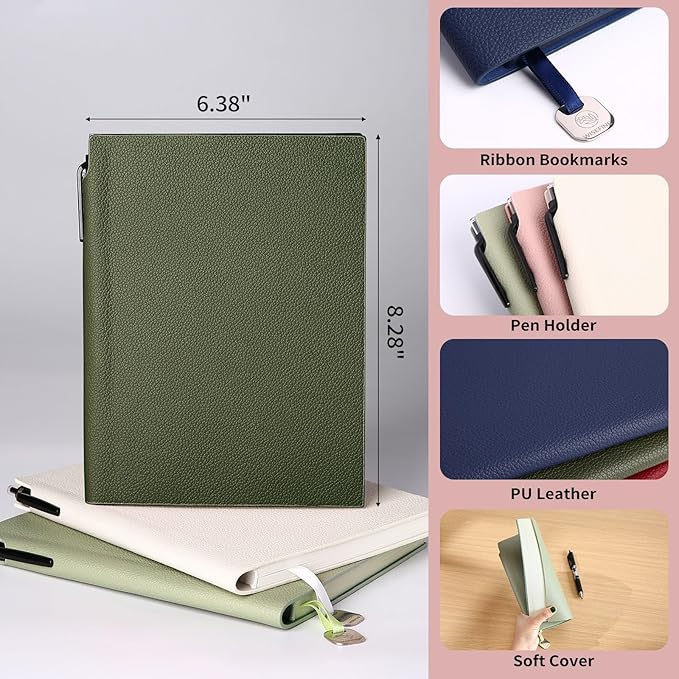 Lined Journal Notebook for Women A5 Softcover PU Leather Journals for Writing, 160 Pages Daily Journaling, College Ruled Notebooks for Work School, Business 6.38'' X 8.28'' Army Green