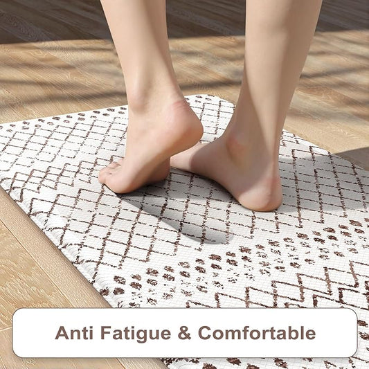 KIMODE Kitchen Mats 2PCS,Cushioned Anti Fatigue Boho Kitchen Rugs and Mats,Non Slip Waterproof Kitchen Mats for Floor,Comfort Foam Standing Desk Mat for Home,Office,Sink,Laundry,Brown and White