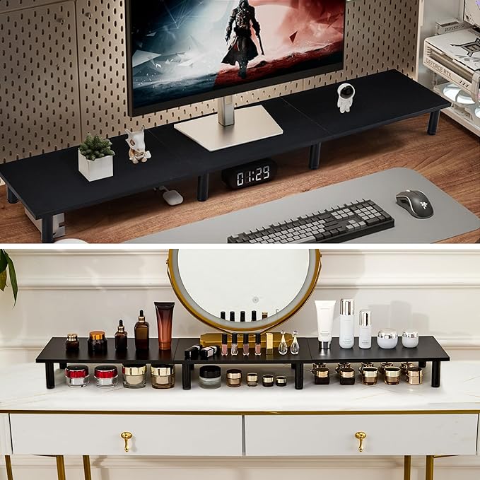 47 Inch Extra-Long Dual Monitor Stand Riser for 2 Monitors, Desk Shelf TV Riser Blocks, Wood and Steel Desktop Riser for Computer, Laptop, Printer, Home Office Organization, Black