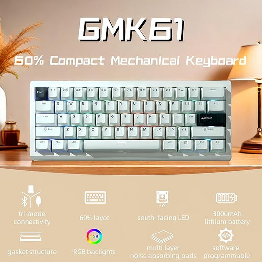 GMK61 60% Mechanical Keyboard,Tri-Mode PBT Keycaps Linear Switches 61 Keys,South-Facing RGB Gasket Mounted Plate Gaming Keyboard for Win/MAC (White, Brown Switch)