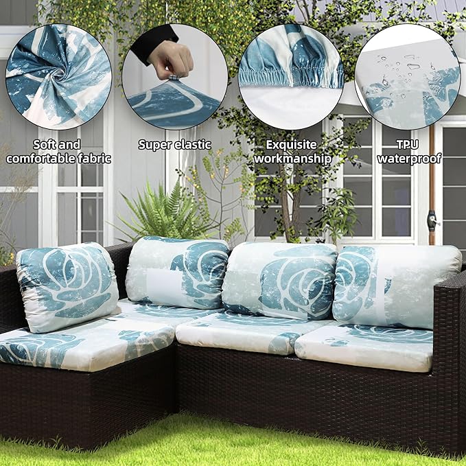 8Pcs Stretch Patio Cushion Covers Outdoor Cushion Cover, Jacquard Stretch Cushion Covers, Cover Replacement, Outdoor Sofa Covers, Washable Furniture Couch Cushion Cover (Blue Rose)