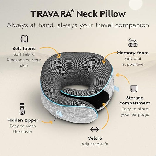 Travel Pillow - Airplane Neck Pillow with 360° Support - 100% Pure Memory Foam Flight Pillow for Sleeping on Airplanes - Travel Neck Pillow for Traveling