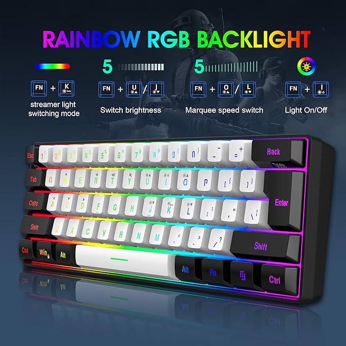 Snpurdiri 2.4G Wireless Gaming Keyboard and Mouse Combo, Include Mini 60% Merchanical Feel RGB Backlit Keyboard, Ergonomic Vertical Feel Small Wireless Mouse(Black and White)