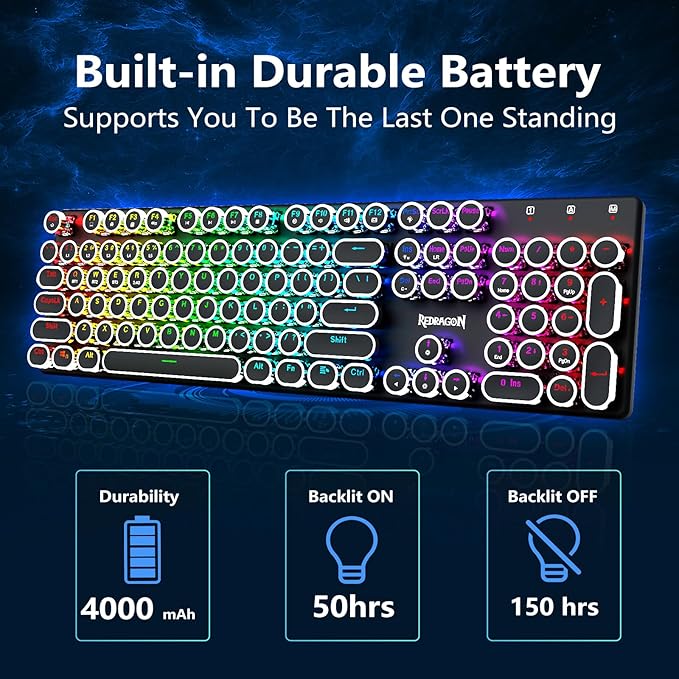 Redragon Typewriter Keyboard Wireless, Mechanical Gaming Keyboard, Bluetooth/2.4Ghz/Wired, RGB Backlit, Rechargeable, Blue Switch - Clicky, Metal Panel, Round Keycaps, Black