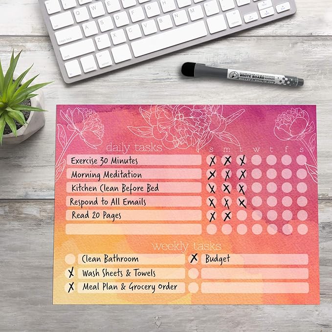 Dry Erase Whiteboard Task Planner | Removable and Restickable Adhesive Decal | Fine-Tip Magnetic Marker Included (9 x 12 inches, Peony)