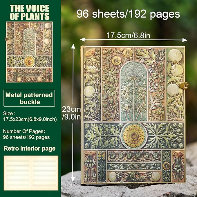 Retro 3D Plant Sound Cover Hardcover Journal,with dual specification line pattern inner pages and envelope storage bag,can be used as a travel notebook,Diary notes,and wedding anniversary.