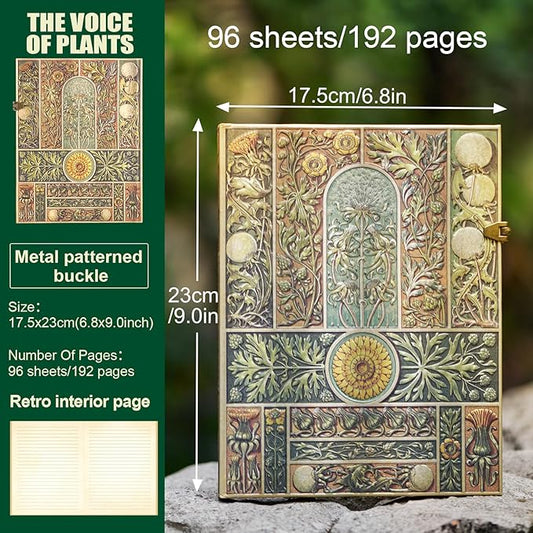 Retro 3D Plant Sound Cover Hardcover Journal,with dual specification line pattern inner pages and envelope storage bag,can be used as a travel notebook,Diary notes,and wedding anniversary.