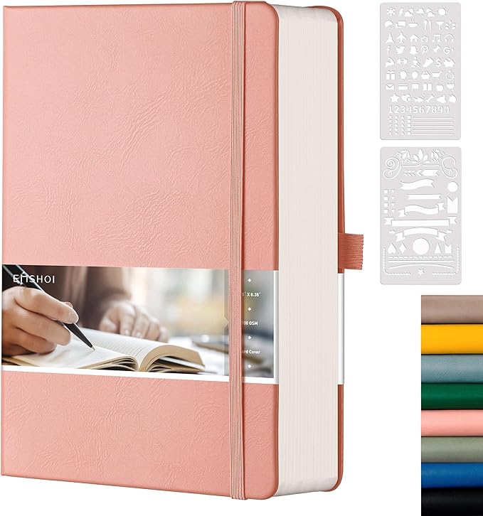 EMSHO A5 Hardcover Leather Dotted Journal - 320 Page Dot Grid Notebook for Women & Men, 100GSM Thick Paper, Ideal for Bullet Journaling, Work Notes, Sketching, Diary, School & Travel-pink