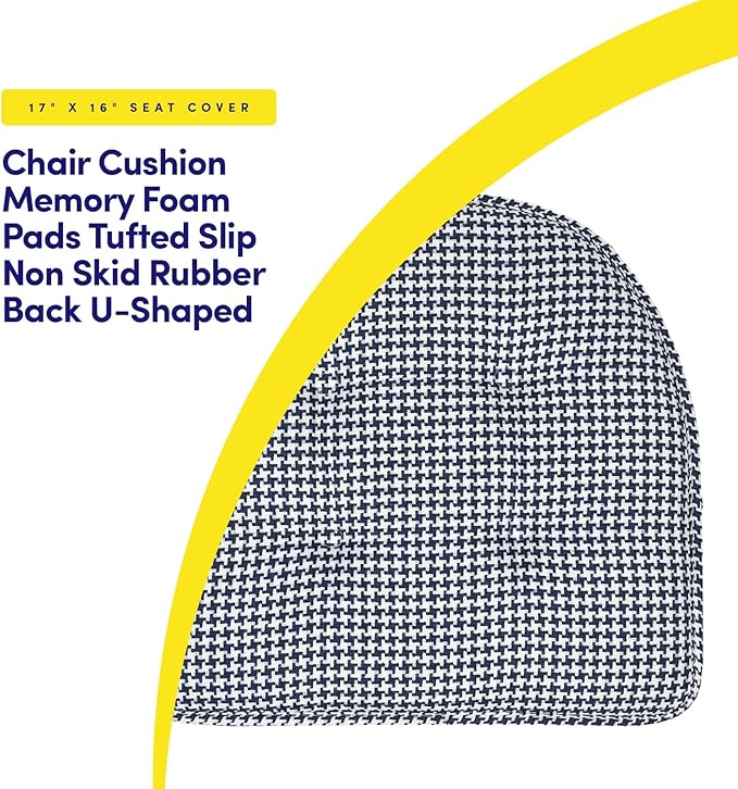Sweet Home Collection Chair Cushion Memory Foam Pads Tufted Slip Non Skid Rubber Back U-Shaped 17" x 16" Seat Cover, 12 Count (Pack of 1), Houndsooth Navy