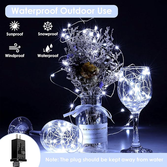 33Ft 100LED Fairy Lights Plug in, Waterproof String Lights Outdoor & Indoor 8 Modes with Timer, Christmas Light Bedroom Decor, Twinkle Light for Girl's Room Garden Christmas Decorations (Cool White)