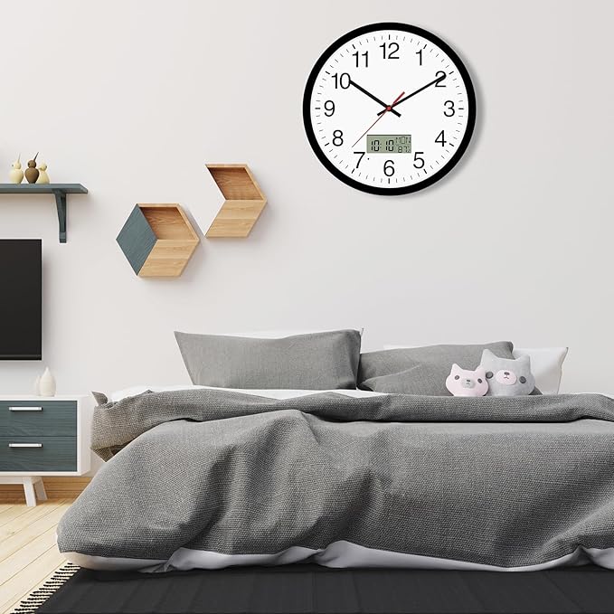 Digital Wall Clock with Lighted LCD Display Temp, Week, Switchable Time and Perpetual Calendar, DST Function, Silent Battery Operated Analog Clock for Office Bedroom Classroom (12", Black)
