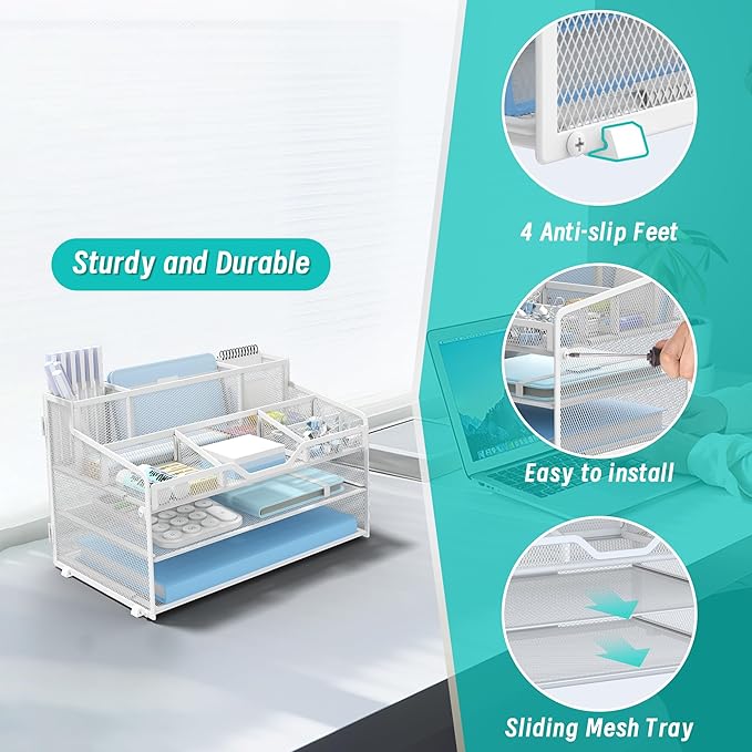 3 Tier Mesh Desk Organizer,Multi Functional Letter Paper Tray with 3 Pen Holders and 5 Adjustable Storage Compartments for Office Supplies Files and Mail Space Saving Desktop Organizer-White