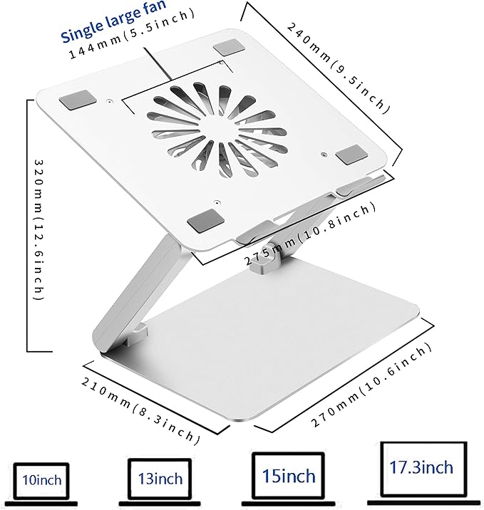 SOUNDANCE Laptop Cooling Pad with Low-Noise Fan and 3.0 USB Hubs, Ventilated Laptop Cooler Prevent Overheating, Ergonomic Laptop Stand Support Up to 17” Gaming Notebook Computer, Aluminum