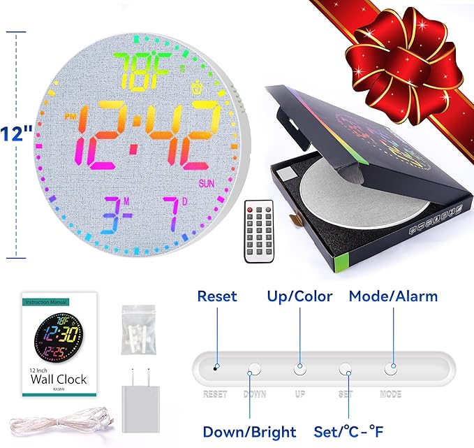 Kasbin 12 Inch Large Digital Wall Clock with Remote Control,RGB Color,Timer Date Temperature Display,Modern Clock for Living Room Bedroom Decor, Gift for Elderly (Grayish, 12")