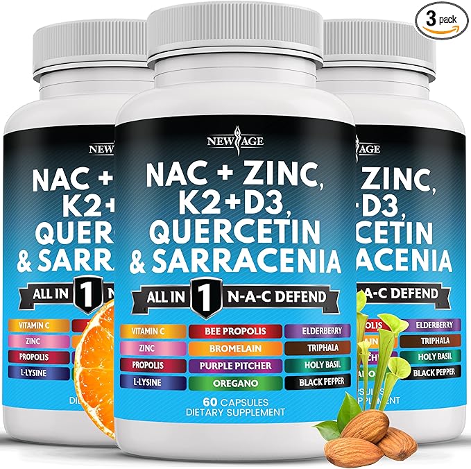 NEW AGE NAC Supplement N-Acetyl Cysteine- with Vitamin D3, K2, Zinc, Quercetin, Triphala, Sarracenia Purpurea, Elderberry, Holy Basil, Bee Propolis, Bromelain, L-Lysine - 180 Count