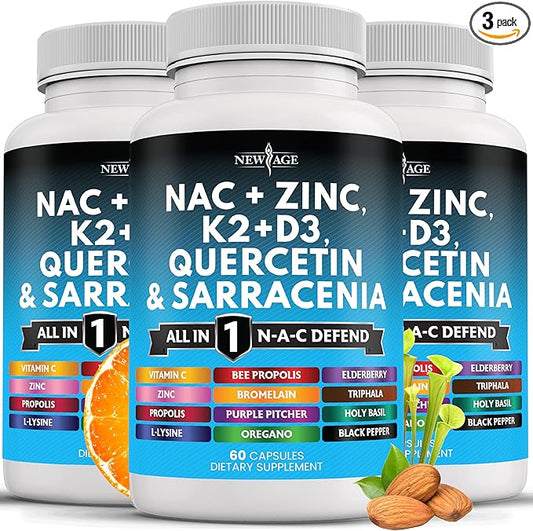 NEW AGE NAC Supplement N-Acetyl Cysteine- with Vitamin D3, K2, Zinc, Quercetin, Triphala, Sarracenia Purpurea, Elderberry, Holy Basil, Bee Propolis, Bromelain, L-Lysine - 180 Count