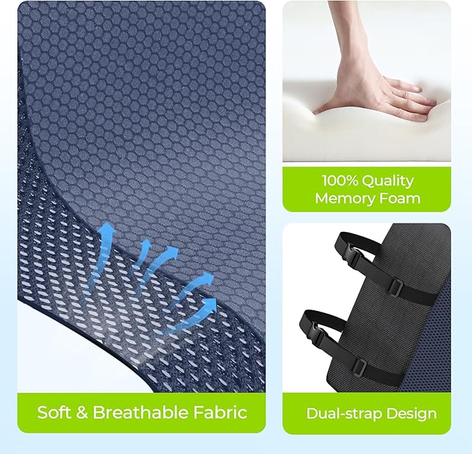 AUVON Lumbar Support Pillow for Office Chair, Lower Back Support, Ergonomic Office Home Essentials Improve Posture, Memory Foam Chair Cushion with Straps for Home, Office, Car (Blue)