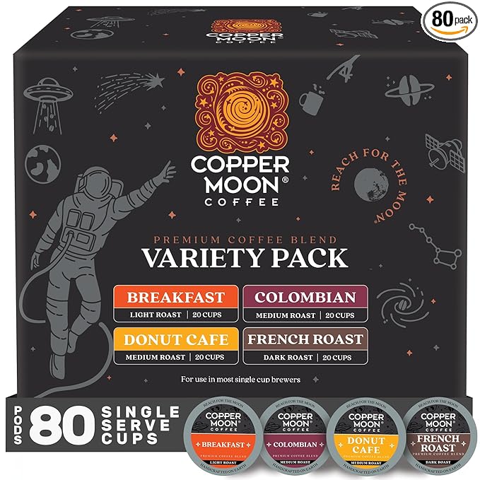 Copper Moon Single Serve Coffee Pods For Keurig K-Cup Brewers, Light Medium & Dark Roast, Variety Pack, 80 Count