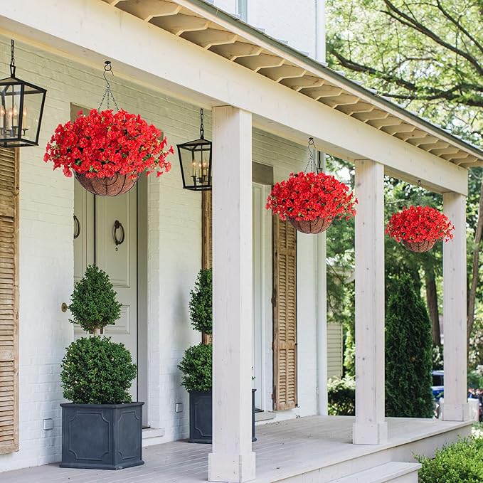 Ivydale Artificial Faux Hanging Flowers Plants Baskets for Outdoors Outside Spring Decoration, Fake Silk Red Morning Glory UV Resistant Look Real for Front Door Porch Patio Balcony Yard Garden Home
