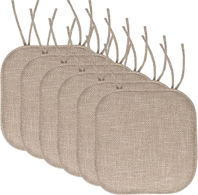 Sweet Home Collection Chair Cushion Memory Foam Pads with Ties Honeycomb Pattern Slip Non Skid Rubber Back Rounded Square 16" x 16" Seat Cover, Herringbone Taupe