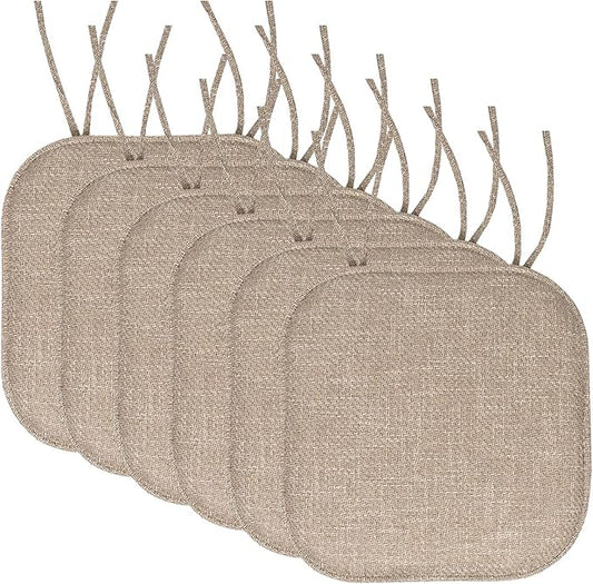 Sweet Home Collection Chair Cushion Memory Foam Pads with Ties Honeycomb Pattern Slip Non Skid Rubber Back Rounded Square 16" x 16" Seat Cover, Herringbone Taupe
